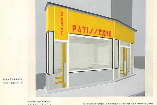 Patisserie. Boutique à Montrouge
(Konditorei. Geschäft in Montrouge), um 1930
Architekt Henry Delacroix In: Boutiques, Paris 1930,Hg. Henry Delacroix / Éditions de S. de Bonadona, Paris Sammlung Lucius