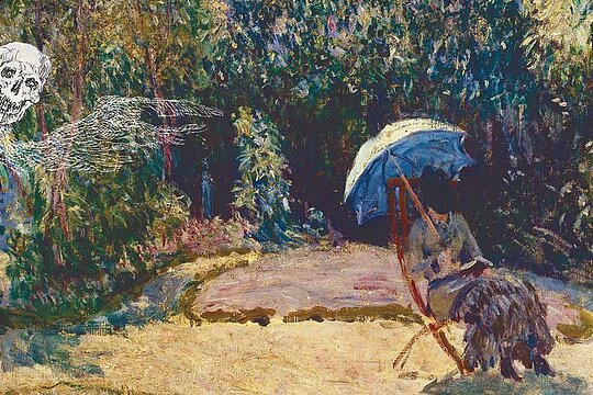 Grafik unter Verwendung von: Alfred Sisley, Sommersonne (Frau mit Sonnenschirm), Detail, 1883 und James Ensor, Die Todsünden, vom Tode beherrscht, Detail, 1904 © Grafik: Peter Dorén; Fotos: Sammlung Julietta Scharf / Sammlung Scharf-Gerstenberg, Dietmar Katz 