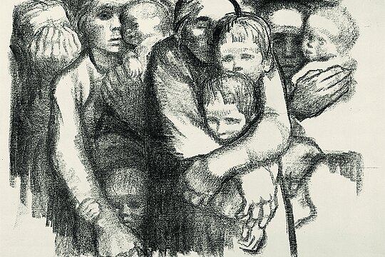 Abb.: Käthe Kollwitz, Mütter, verworfene zweite Fassung von Blatt 6 der Folge „Krieg“, Kreidelithografie, 1919 © Käthe-Kollwitz-Museum Berlin 

